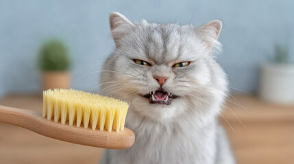 Frustrated cat reacts to a toothbrush in a cozy setting.
