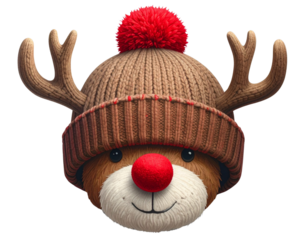 Angled Reindeer Winter Beanie with Fluffy Ear Flaps and Red Nose, Isolated.