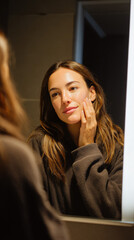 Young Caucasian  woman applying skincare products looking in mirror with soft warm indoor lighting beauty routine