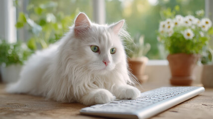 Fluffy cat resting on a keyboard in a bright, green environment.
