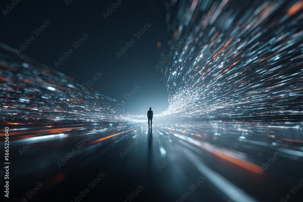 Poster futuristic digital realm with person surrounded by floating images and light trails representing tec