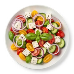 Fresh greek salad with feta cheese and basil isolated on white background