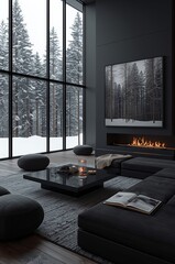 Luxury Modern Living Room with Snowy Forest View: Ultra-Realistic Cinematic Interior