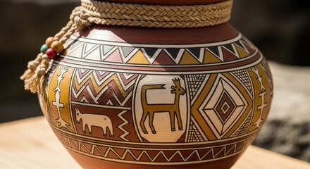 Detailed Close-Up of a Hand-Painted Peruvian Ceramic Pot with Animal Motifs