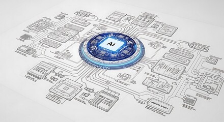 AI System Architecture:  Complex Network Diagram of Artificial Intelligence  Processor and Memory Banks.