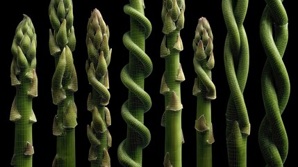 Elegant fresh asparagus varieties displayed in artistic row against black background, showing different tips and spiral stems in gourmet food photography for culinary advertising