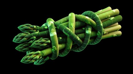 Striking digital 3D wireframe rendering of fresh green asparagus bundle tied with asparagus ribbon against black background, modern food art visualization for culinary industry