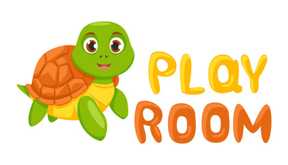 Banner for child play area with inscription Play Room and cute Turtle. Cartoon animal label for playroom, badge or sign for kids club.