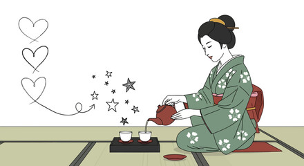 Fototapeta premium Elegant Japanese woman in kimono pouring tea with hand drawn elements surrounding her