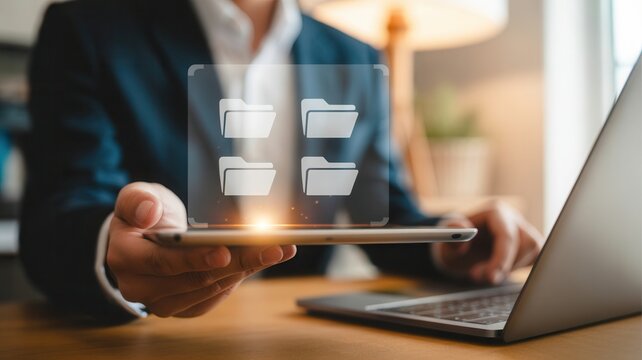Professional businessman using digital tablet with glowing folder icons to manage files and data in modern office environment