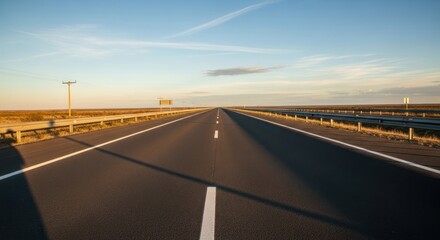 Empty Highway Perspective: Road Leading to Horizon Under Blue Sky