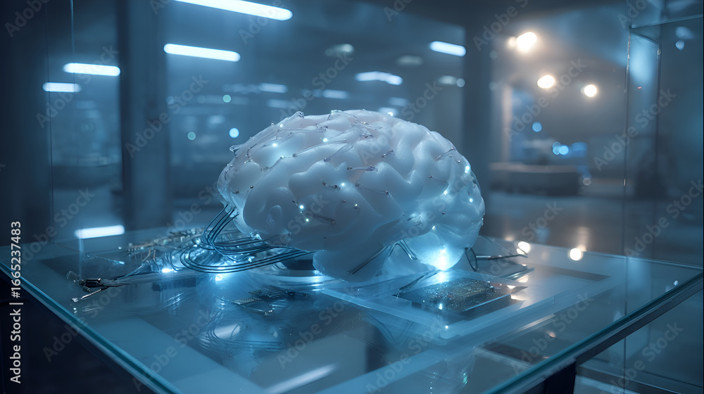 Aufkleber artificial intelligence brain connecting with futuristic microchips in laboratory