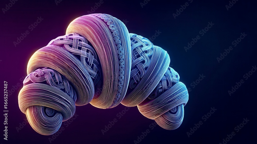 Poster mesmerizing 3d abstract digital art featuring colorful neon woven shape against dark purple and blue