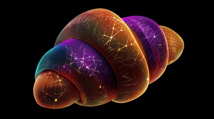 Vibrant abstract digital art featuring colorful 3D wireframe shapes with glowing orange, purple, and teal curved structures against black background for technology or quantum computing concept