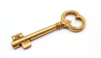 Elegant White Background With A Distinctive Golden Key Resting Upon It, Creating A Luxurious And Sophisticated Visual Composition.