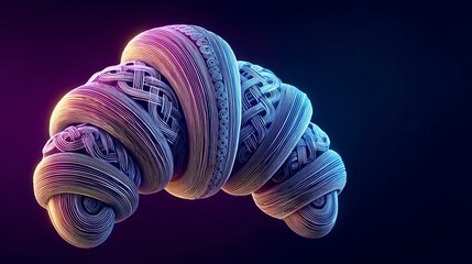 Mesmerizing 3D abstract digital art featuring colorful neon woven shape against dark purple and blue background, showcasing intricate line patterns in technology visualization