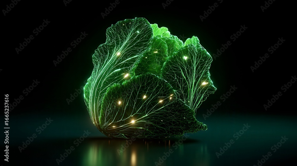 Poster futuristic digital cabbage visualization with glowing green wireframe structure and light points aga