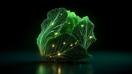 Futuristic digital cabbage visualization with glowing green wireframe structure and light points against dark background for food technology innovation