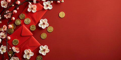 Red envelope with gold coins and cherry blossoms on red background
