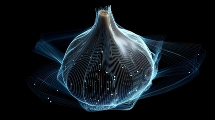 Innovative digital garlic bulb visualization with glowing blue wireframe lines against black background - futuristic food technology concept for culinary or health industry