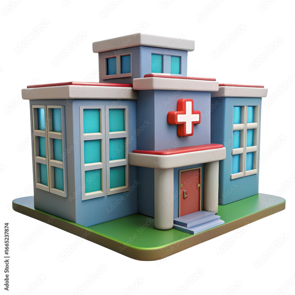 Poster charming 3d voxel art hospital building with blocky style and red cross emblem