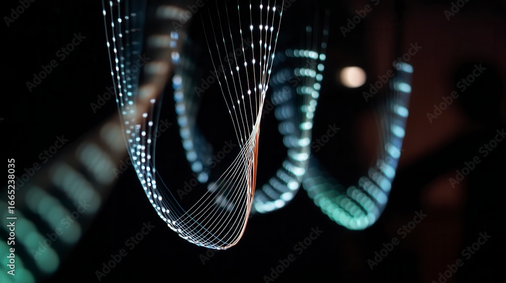 Poster mesmerizing glowing light strings forming elegant curves against dark background, digital art instal