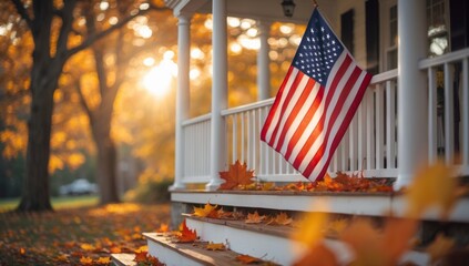 American flag hanging on the porch surrounded by autumn leaves and warm sunlight