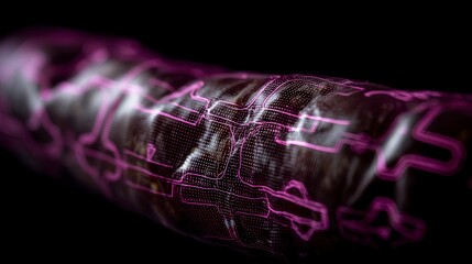 Futuristic pink circuit patterns glowing on dark textured surface with digital grid design against black background - technology concept for AI, cybersecurity or data visualization