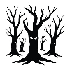 Spooky Silhouette Trees with Glowing Eyes a Frightening Halloween Scene Black and White Creepy Dead Forest