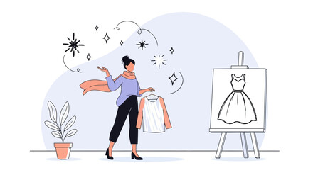 Fashion designer presenting dress design idea on canvas in atelier studio concept