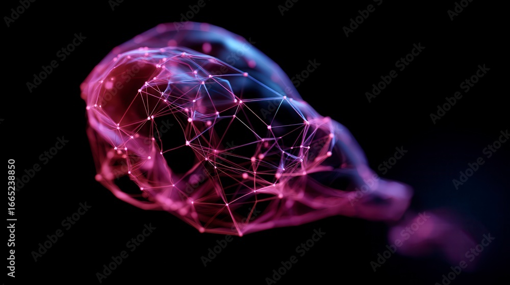 Poster futuristic digital brain network visualization with glowing pink and blue neural connections against