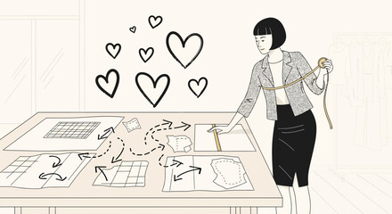 Fashion designer working on patterns with love and creativity in her atelier