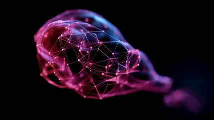 Futuristic digital brain network visualization with glowing pink and blue neural connections against black background - artificial intelligence concept with free copy space