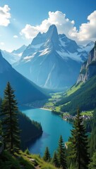 Obraz premium Picturesque alpine lake nestled amidst towering mountains.