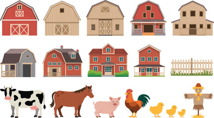 Colorful vector farm scene with barns, animals, houses, fences, and rural elements for agriculture, countryside lifestyle, and educational design. © Creative Mind