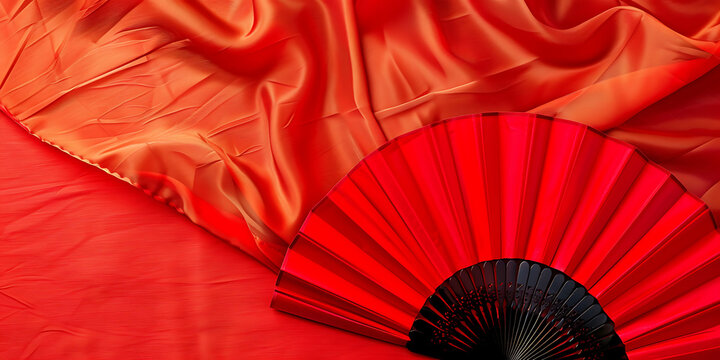 Red fan on red fabric with black accents
