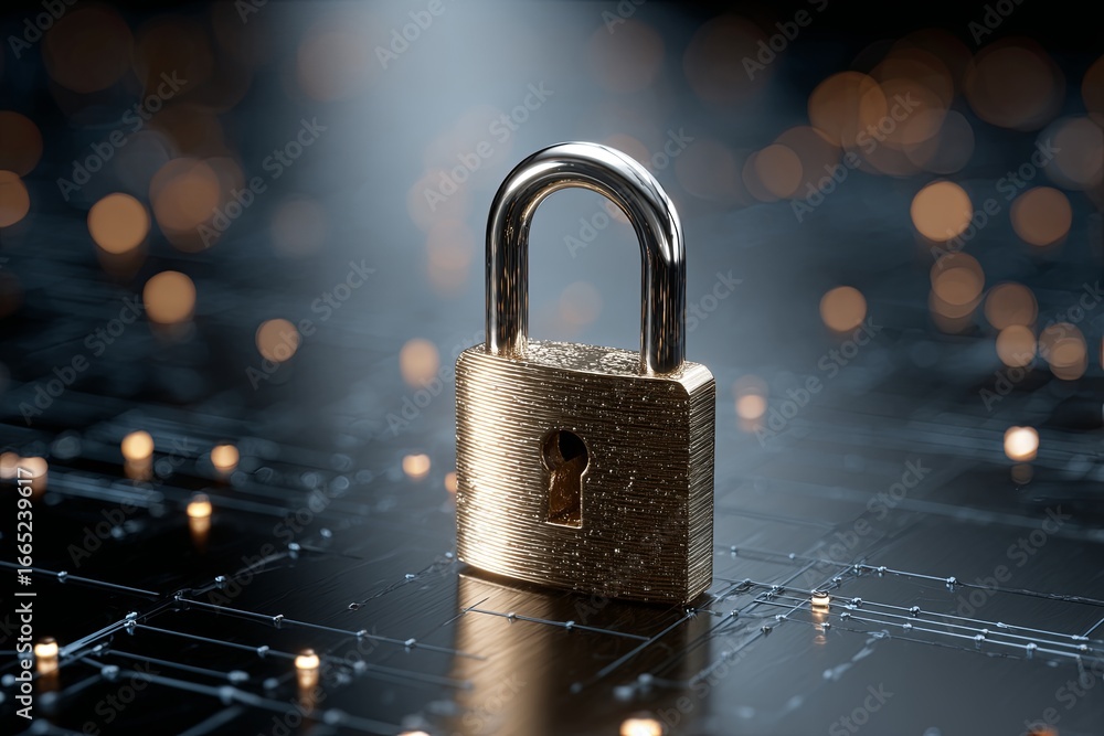 Poster digital security lock with network connections representing data protection and cybersecurity enviro
