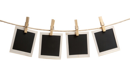 Four Blank Instant Photo Frames Hanging on Rope – Empty Polaroid Frame PNG