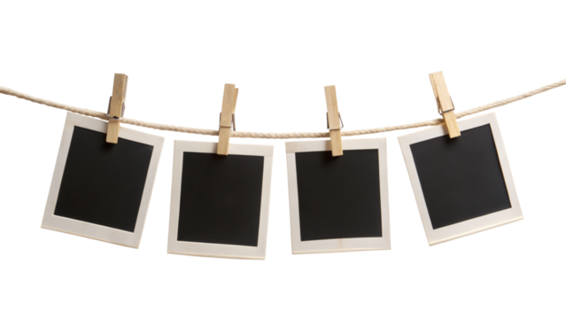 Four Blank Instant Photo Frames Hanging on Rope – Empty Polaroid Frame PNG