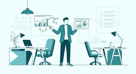 Financial presentation by a man in a modern office with data charts and graphs