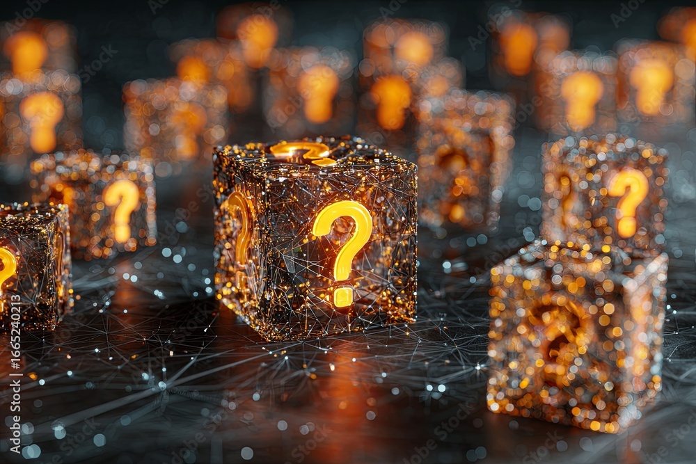 Fototapete abstract composition of glowing question mark cubes on a digital network background representing unc