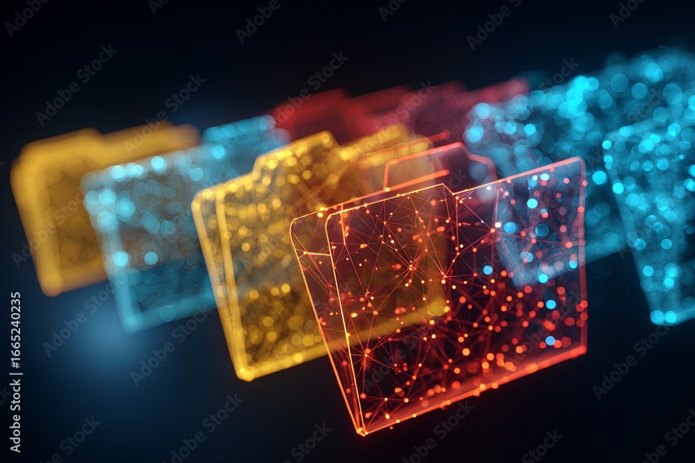 Poster colorful digital folders interconnected in a network design showcasing data organization and technol