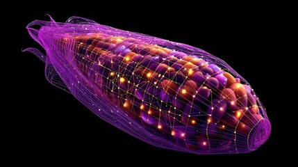 Vibrant digital 3D visualization of cellular structure with glowing purple and orange network connections against black background, showcasing biotechnology or medical research illustration