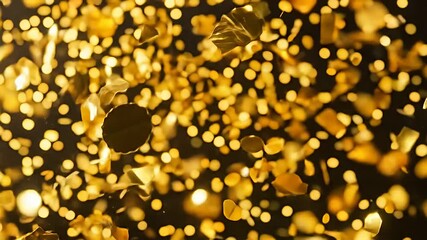 Shimmering gold confetti and bokeh lights against a dark background, abstract and festive - Powered by Adobe
