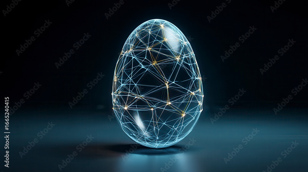 Poster futuristic digital egg-shaped network visualization with glowing blue and gold connection points aga