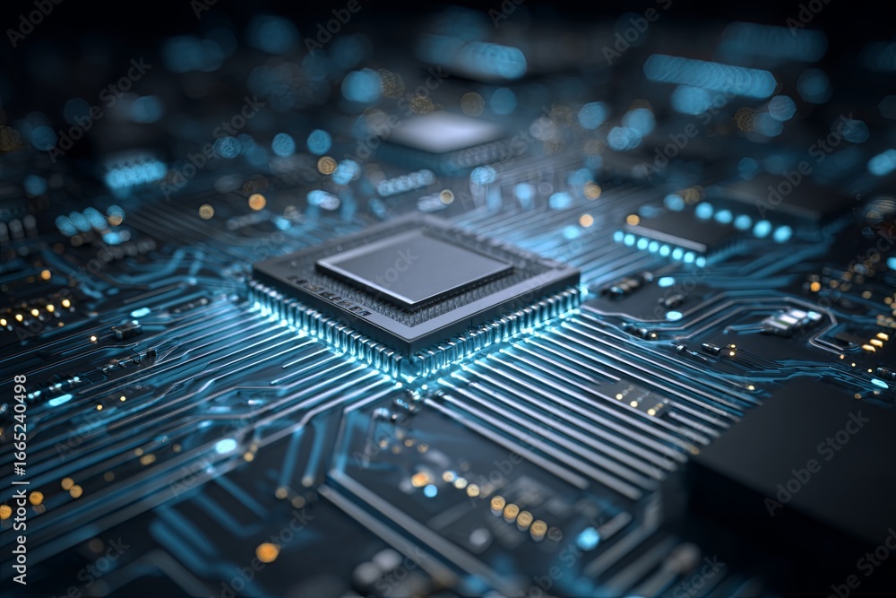 Poster abstract digital circuit background featuring central microchip in blue tones for technology and inn