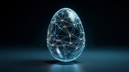 Futuristic digital egg-shaped network visualization with glowing blue and gold connection points against dark background, representing technology innovation in AI or data science