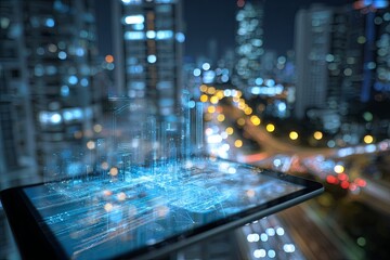 Futuristic technology concept with artificial intelligence, data, and security represented on a digital tablet in a modern city environment