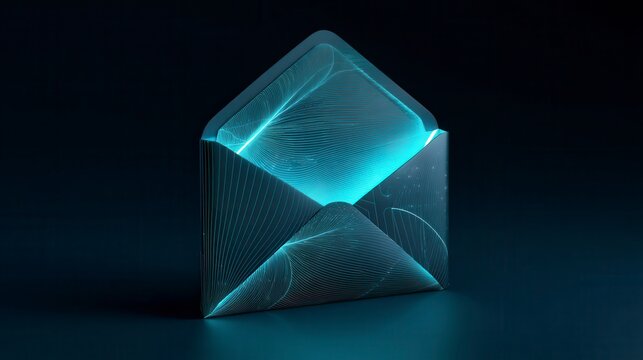 Futuristic glowing blue digital envelope with neon wireframe pattern against dark background - modern communication technology concept for email marketing with free copy space