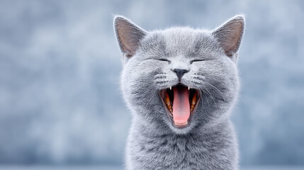 Gray cat yawning with a soft background blur.